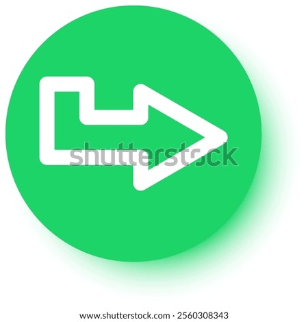 White arrow pointing to the right placed on a green circle with a slight shadow on a white background, ideal for indicating direction or progress