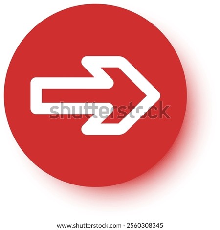 White arrow pointing right indicating the next or forward direction, placed on a red circle button with drop shadow effect, representing a modern and minimalist design