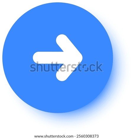 White arrow pointing right on a light blue round button with a slight shadow, perfect for web design, user interfaces, and other digital applications