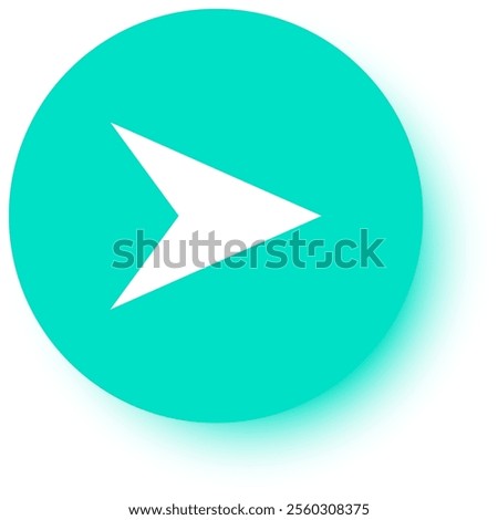 White arrow pointing right within a vibrant turquoise circle, featuring a subtle drop shadow effect. Simple and modern design perfect for various applications and digital interfaces