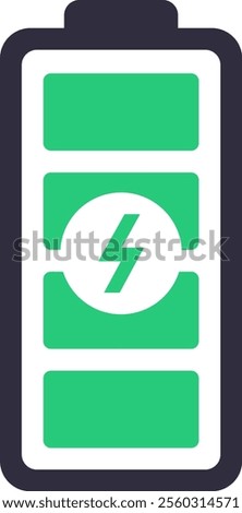 Green battery icon featuring a lightning bolt symbol, charging rapidly, conveying a sense of efficiency and powerful energy, representing modern technology and sustainable power solutions