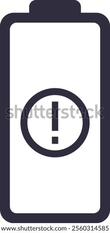 Battery icon with exclamation point representing critical power level, symbolizing the need for immediate charging or power source connection for electronic devices