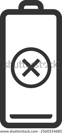 Minimalist vector illustration of an empty battery icon with a cross, indicating a critical power level or charging issue, isolated on white background