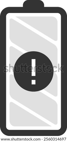 Battery icon displaying a nearly empty status with a warning sign, signaling low power levels and the urgent need for charging to prevent device shutdown