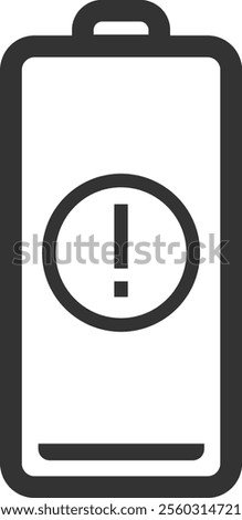 Simple battery icon depicting low charge, featuring an exclamation mark warning sign, presented as an isolated vector illustration on a clean white background