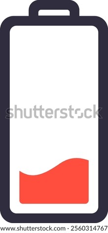 Minimalist vector illustration featuring a low battery icon with a striking red indicator, representing a critical power level and highlighting the urgent need for charging