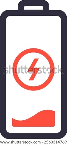 Minimalist vector illustration depicting a low charge battery with a lightning bolt inside a red circle on a clean white background, perfect for technology and energy themes