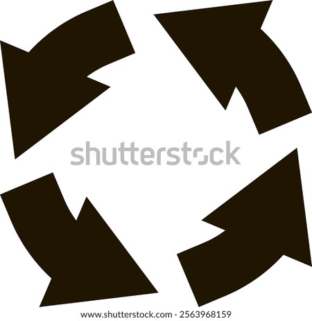 Four black arrows rotating in a circular motion, representing a continuous cycle or process, embodying the concepts of flow, renewal, and endless transformation