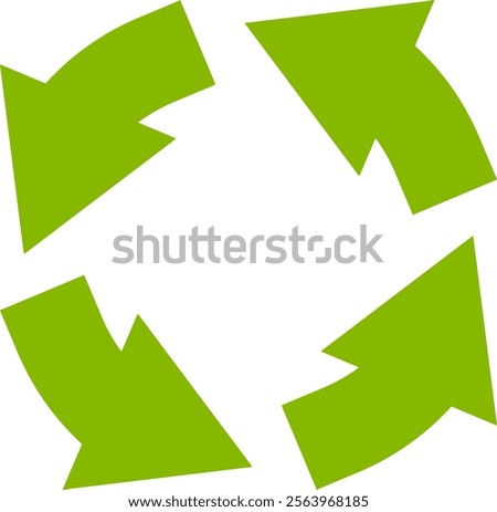 Four green arrows rotating clockwise, representing concepts of circular economy, recycling, and environmental sustainability against a clean white background