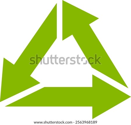 Three vibrant green arrows rotating clockwise, forming a triangular recycling symbol, representing the continuous process of resource reuse, waste reduction, and environmental protection