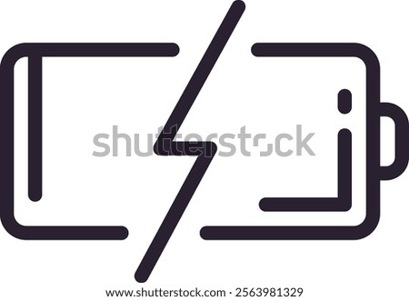 Featuring a minimalist black and white vector illustration of a low battery icon, highlighting a charging status with a striking lightning bolt symbol representing energy levels