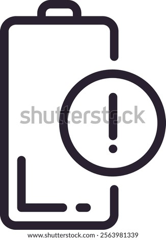 Simple black and white vector icon of a battery with an exclamation mark, indicating a low power warning, useful for user interfaces and mobile apps