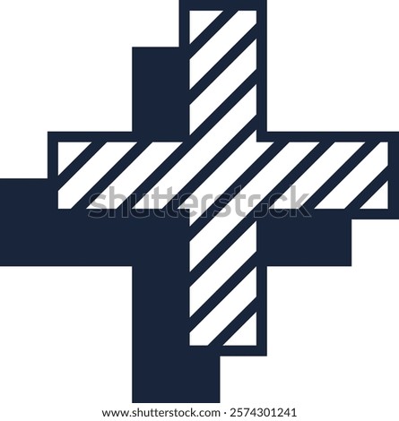 Modern abstract cross design with diagonal stripes and offset layers creating a visually appealing geometric pattern, ideal for graphic design projects