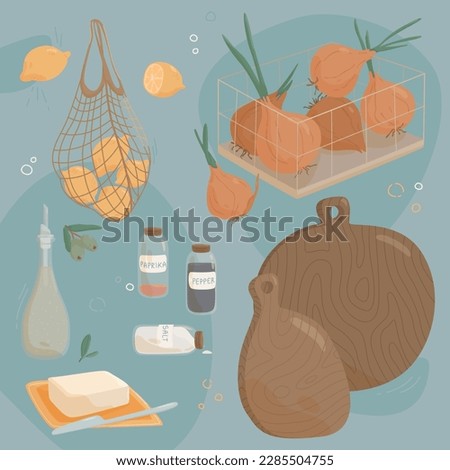Vector isolated illustration set. Kitchen wooden board, salt and pepper shaker, onions in the basket, lemons, olive oil.