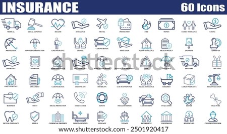 Insurance and Assurance colorful icon set. Editable Set of 60 Insurance and Assurance web icons in line style. High quality business icon set of Insurance