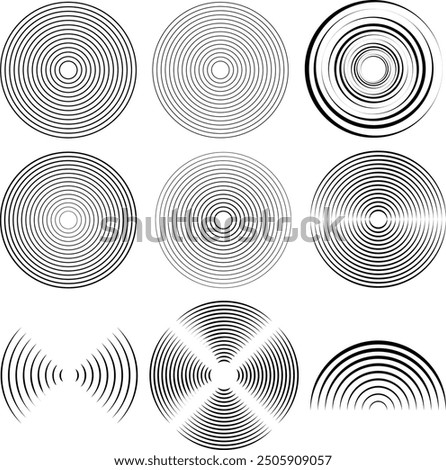 Concentric circle design elements. Abstract Geometric circular shapes background. Spiral Vector Illustration. Rotating radial and dotted lines collection. Design geometric.