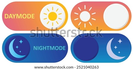 Day and night toggle switch icons set. Collection of on off. Sun and Moon icons for dark light mood. Dark mode and light mode switch button for website and mobile app. day night modes switch isolated.