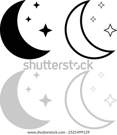 Moon with Stars icon set in fill and line style. Sparkle Icon Set of Moon and Star. Different types of Moon stars, constellations, galaxies. Vector Illustration isolated.