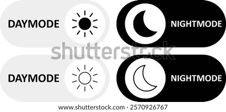 Day and night toggle switch icons set. Collection of on off. Sun and Moon icons for dark light mood. Dark mode and light mode switch button for website and mobile app. day night modes switch isolated.