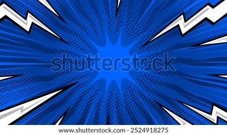 Comic Pop art blue background with lightning flashes. Cute retro stripes pattern. Vector halftone illustration. For comic superhero text, speech bubble, message