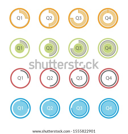 Financial Icons with first quarter second quarter third quarter and fourth quarter on fourth different designs isolated on white background, Quarterly filings, annual report, investor relations