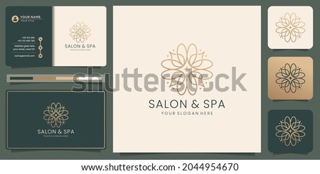 Feminine beauty salon and spa line art monogram shape logo. golden, icon and business card template.