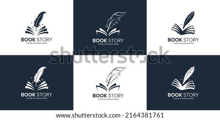 set of book story feather logo design inspiration. note and quill logo design collection.