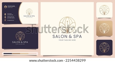 feminine flower lotus spa logo design and business card. creative line style floral lotus spa design