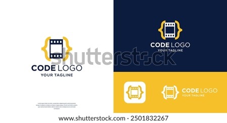 unique code logo design combined with film strips cinema movie vector illustration.