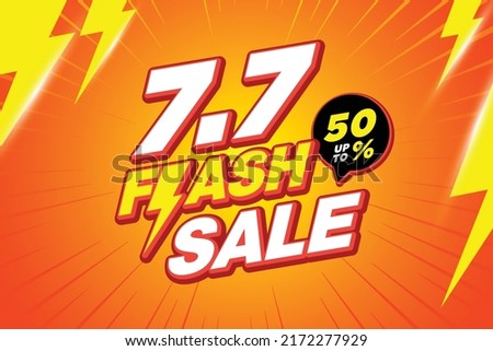 7.7 flash sale thunder poster or banner vector template design. Big sale event on the orange background. Ads for web, social media, shopping online.