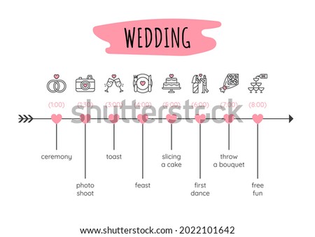 Infographic design template. Wedding timeline concept with 8 steps. Can be used for workflow layout, diagram, banner, webdesign. Vector illustration