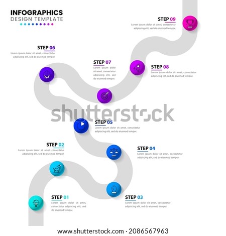 Timeline concept with marbles. Infographic design with icons and 9 options or steps. Can be used for workflow layout, diagram, webdesign. Vector
