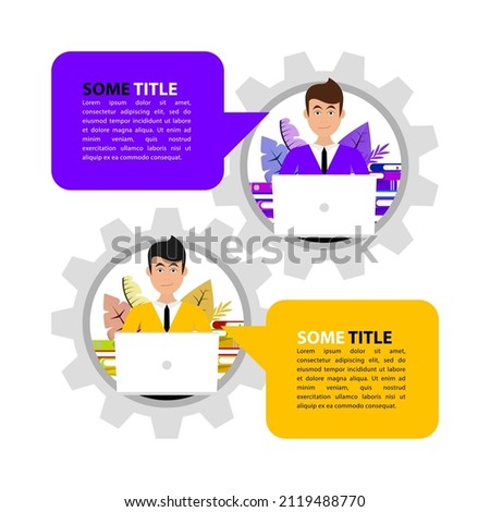 Two workers with a laptop in a gear. Communication. Vector illustration