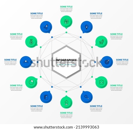 Infographic template with icons and 12 options or steps. Hexagon. Can be used for workflow layout, diagram, banner, webdesign. Vector illustration