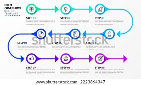 Infographic template with icons and 9 options or steps. Timeline. Can be used for workflow layout, diagram, banner, webdesign. Vector illustration