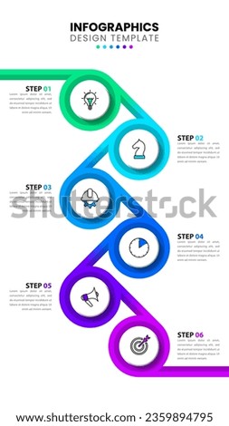 Vertical infographic template with icons and 6 options or steps. Linked circles. Can be used for workflow layout, diagram, banner, webdesign. Vector illustration