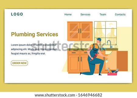 Plumbing Services Horizontal Banner. Plumber Remove Siphon Blockage. Master with Instruments Working on Kitchen Fixing Broken Sink. Husband for an Hour, Handyman Work Cartoon Flat Vector Illustration.