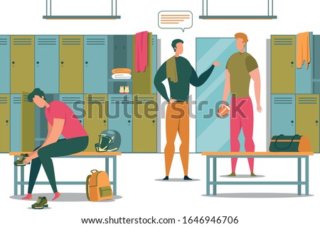 Locker Room in Gym Flat Cartoon Vector Illustration. Two Guys in Sportswear Talking. Boy with Towel on Shoulder. Player Sitting on Bench, Changing Clothes. Helmet and Backpack near him.