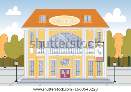 Dramatic or Music Theatre Classical Building Exterior with Green Park around. Historical Monument Facade. City Landmark Construction for Performance Enjoyment, Cultural Recreation. Vector Illustration