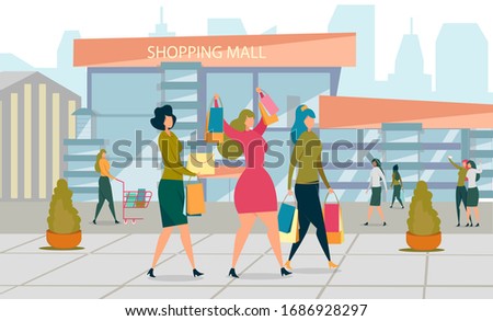 Happy Women with Packages and Bags after Shopping Going down Street Flat Cartoon Vector Illustration. Friends Laughing and Having Fun at Shopping Mall Background. Buying Things, Clothes.