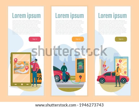 Set Three Landing Page for Car Service. Man Dialing Taxi Hotline. Guy Charging His Electric Vehicle, Using Special Station in Street. Clerk Offering Key for Rented Car. Big City in Background.