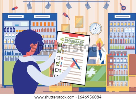 Checking Medicaments Purchases on Pharmacy List. Woman Holds in her Hand List and Ticks off already Purchased ones. On Shelves Large Assortment different Pills and Pharmacist at Checkout.