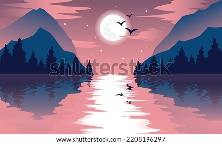 Full moon over a river, ocean or sea with a starry sky with clouds and light reflection on the surface of the water. Mountain landscape. Night landscape with lake, mountains and trees on coast. Vector