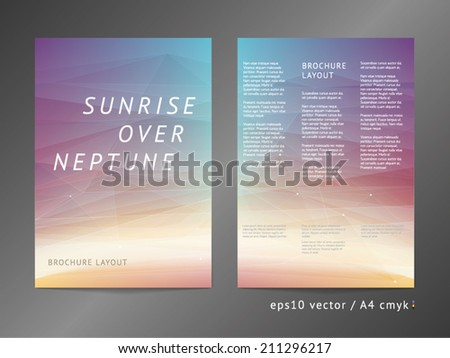 Three-column double sided vector catalog / leaflet / brochure / cover layout template with modern colorful polygonal deep space illustration. A4, eps10, cmyk. 