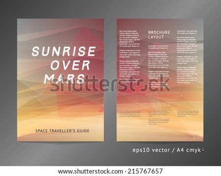 Three-column double sided vector leaflet / brochure / cover layout template with modern colorful polygonal Mars planet space illustration. A4, eps10, cmyk. 