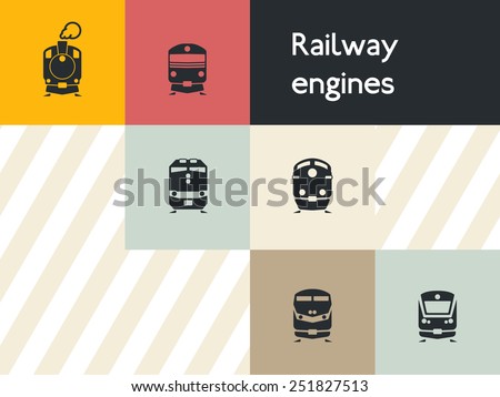 Train icon set: flat vector silhouettes of passenger and freight rail transit vehicles and engines of classic, modern ages and in between. For maps, infographics, and city-oriented apps.
