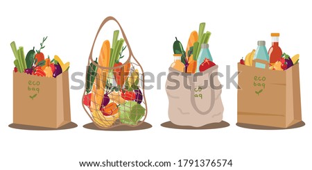 
 Full shopping Eco-friendly bags and paper bags for groceries.Organic fruit, vegetables and supermarket products. Vector