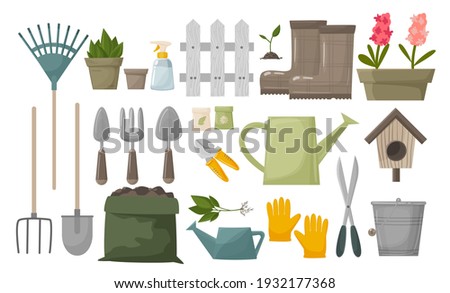garden tool vector gardening equipment rake, shovel watering can, scissors, gloves, boots, bucket, seeds. gardener collection farm or agriculture set of illustrations isolated on white background