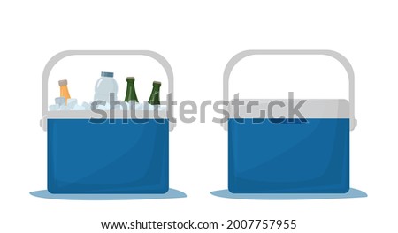 Cooler bag. Cold drinks. Portable refrigerator. Car refrigerator. Ice box with drinks. Open fridge with drinks and closed fridge. Vector illustration isolated on white background.