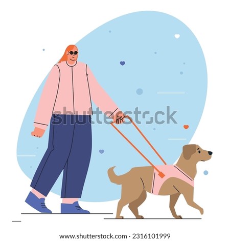 Woman with a guide dog walking. Person who is visually impaired or blind person with seeing-eye labrador. Isolated flat vector illustrationWorld Disability Day. People with Disabilities